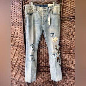 MNML Light Blue Distressed Straight Leg Jeans with Floral Embroidery